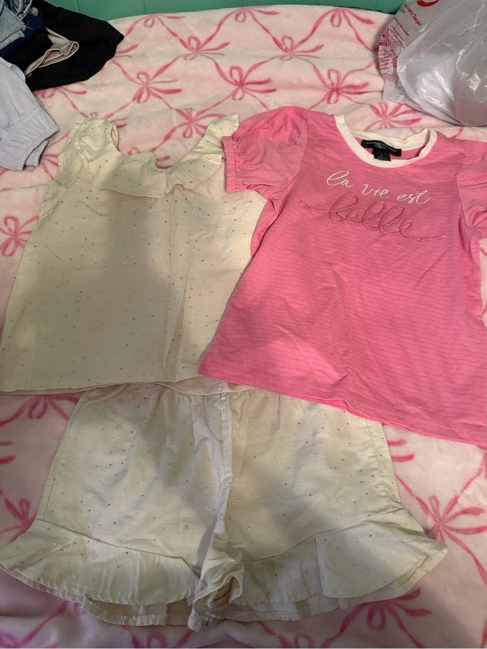 French Connection Pink Top with Cream Ruffle Tank & Shorts Set